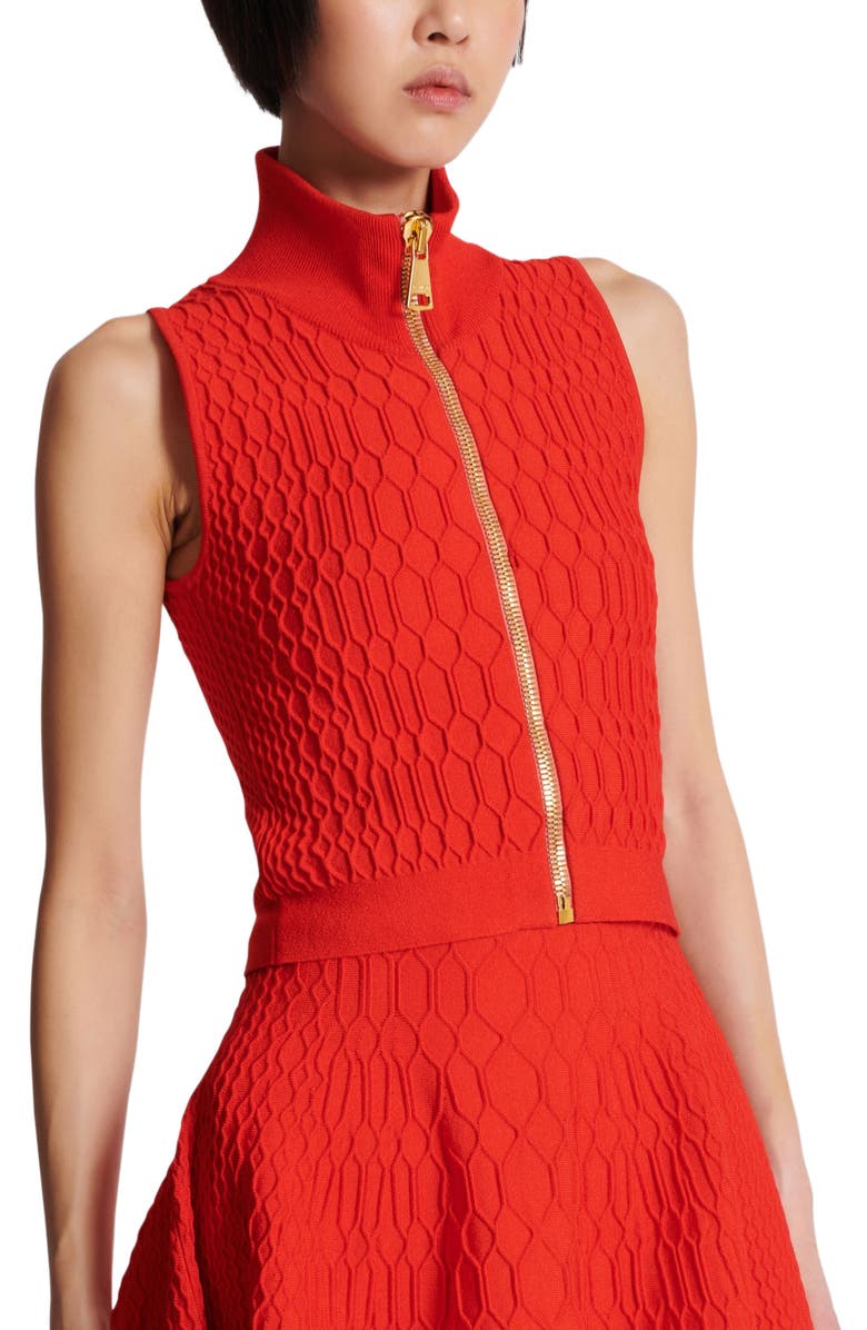 Balmain Sleeveless Crocodile-Knit Top, Alternate, color, Red