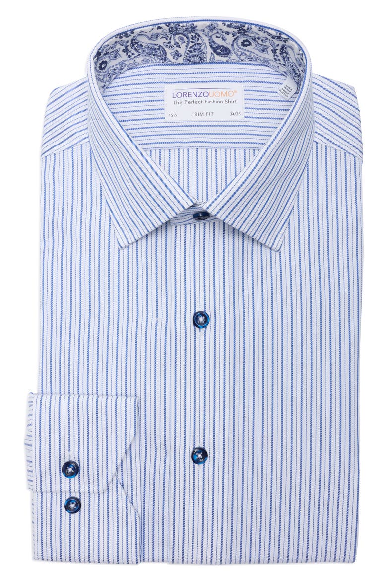 Trim Fit Textured Vertical Stripe Cotton Dress Shirt, Alternate, color, WHITE/ NAVY