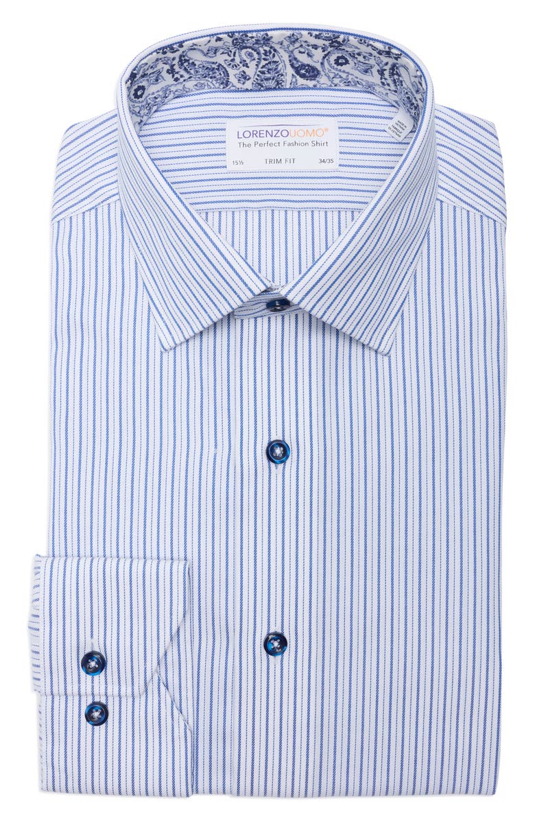 Lorenzo Uomo Trim Fit Textured Vertical Stripe Cotton Dress Shirt, Main, color, White/ Navy