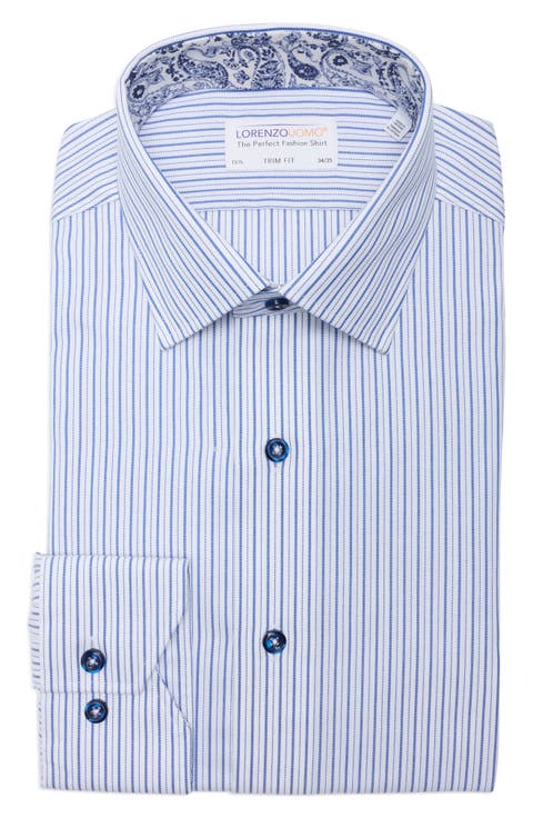 Trim Fit Textured Vertical Stripe Cotton Dress Shirt