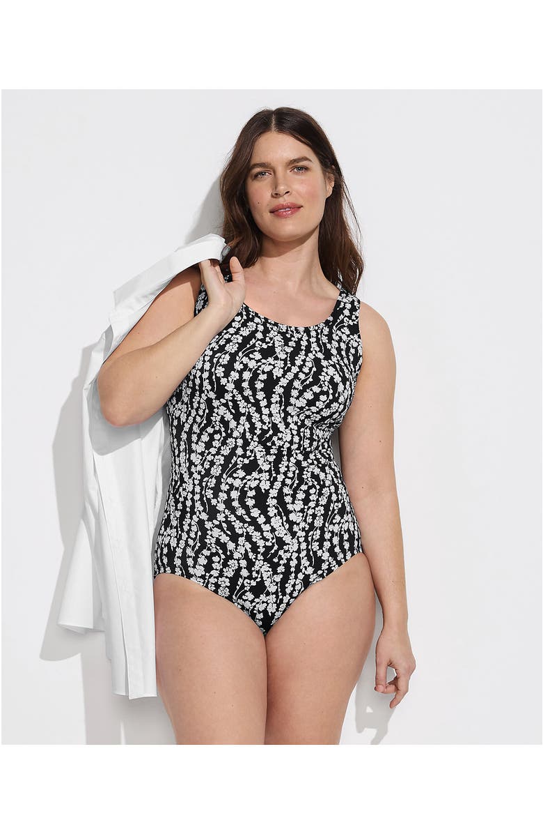 Lands' End Plus Size DD-Cup Chlorine Resistant Scoop Neck Soft Cup Tugless Sporty One Piece Swimsuit, Alternate, color, Black/White Vine Floral