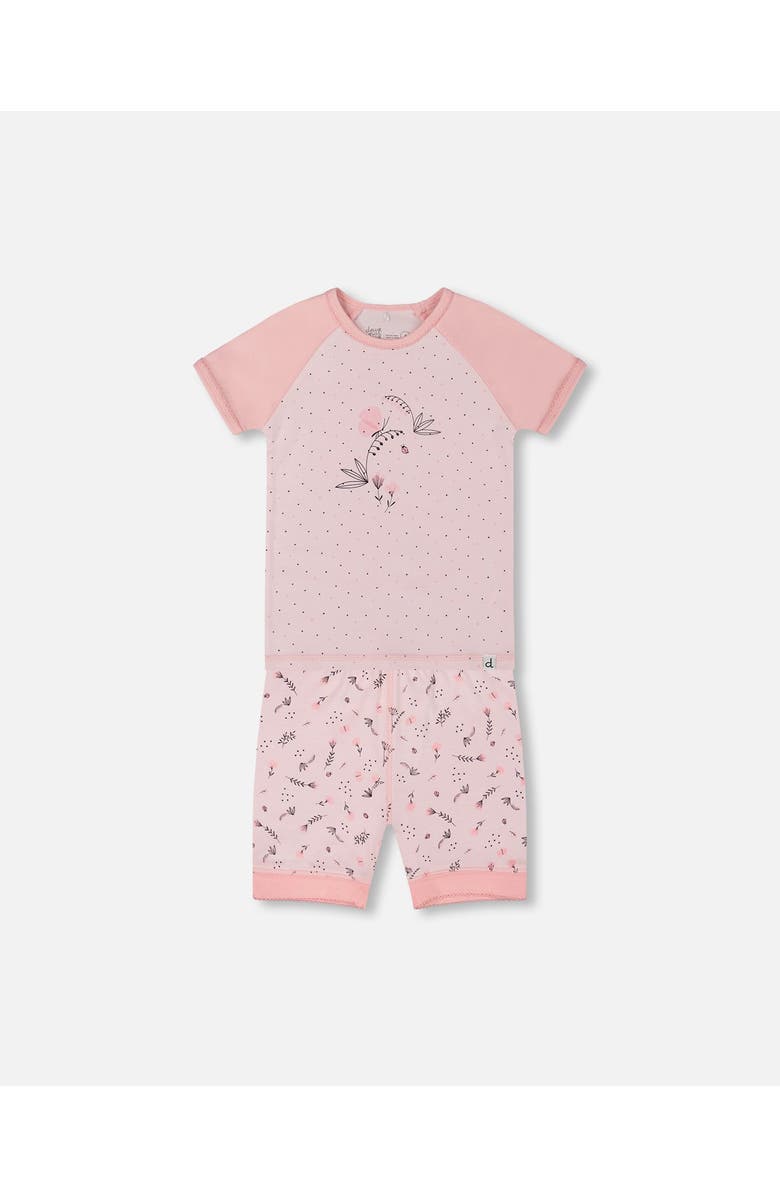 Deux par Deux Girl's Organic Cotton Two-Piece Short Pajama Set Small Pink Flowers On Pale Pink Background, Main, color, 