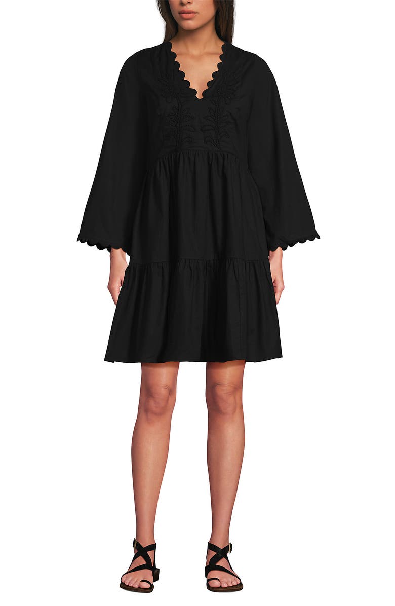 Lands
 End Poplin V Neck Embroidered Dress, Main, color, Black