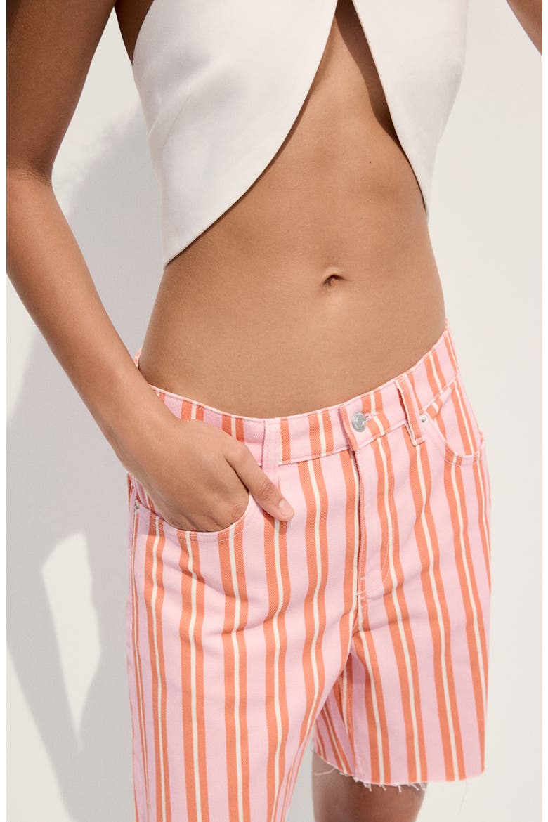Raw Hem Stripe Denim Bermuda Shorts, Alternate, color, ORANGE
