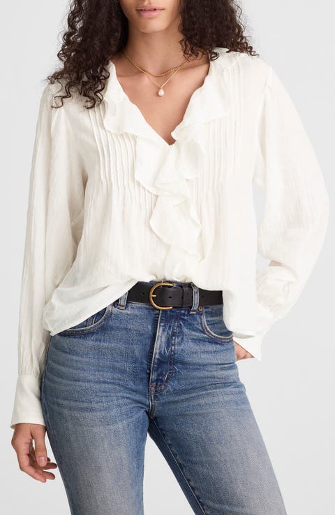 Ruffled Pintuck Long Sleeve Top