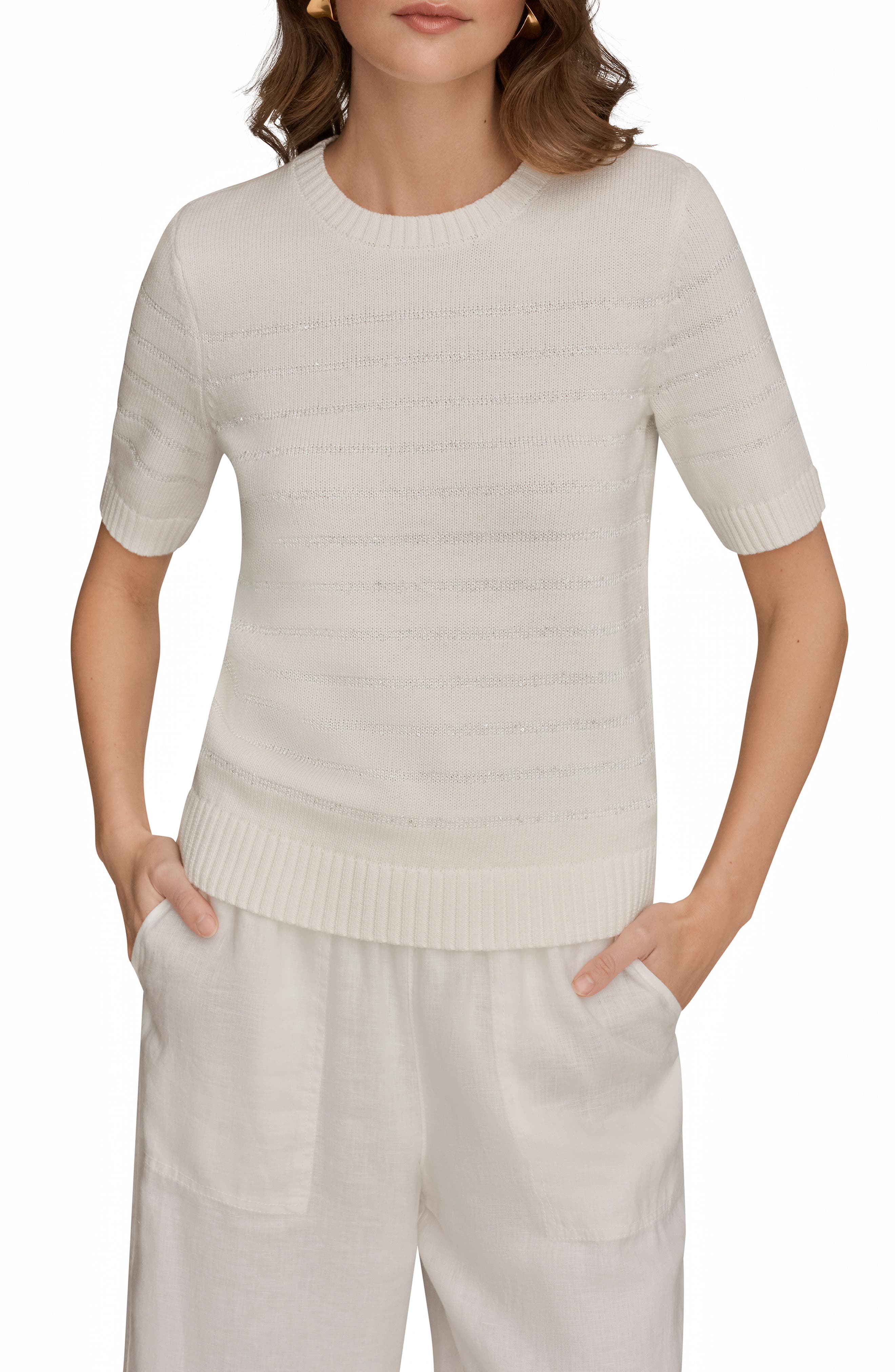 Sequin Elbow Sleeve Cotton Blend Sweater