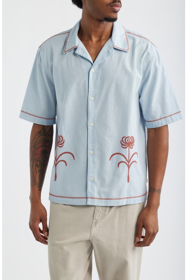 Keats Embroidered Short Sleeve Button-Up Shirt, Main, color, LIGHT BLUE / RUST