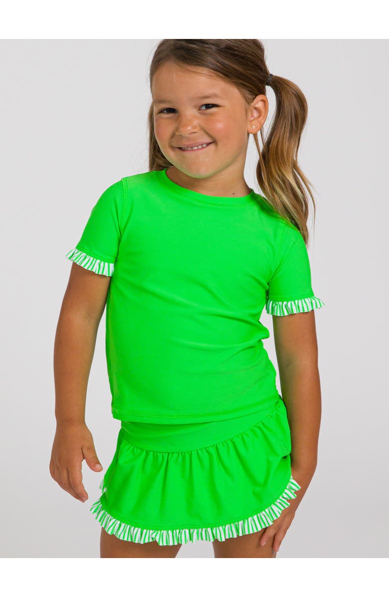 RuffleButts Girls Short Sleeve Ruffle UPF50+ Rash Guard Skirted 2-Piece, Alternate, color, Neon Lime