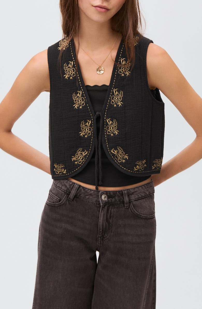 MANGO TEEN Embroidered Floral Cotton Vest, Main, color, Black