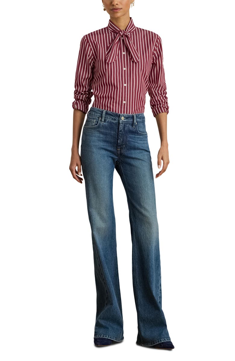 Lauren Ralph Lauren Stripe Cotton Tie Neck Button-Up Shirt, Alternate, color, Burgundy/ White Multi