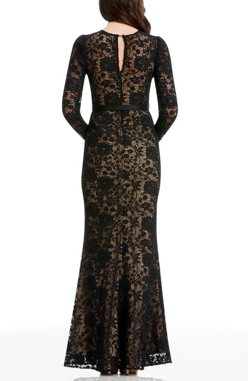 Dress The Population Tamra Floral Lace Long Sleeve Mermaid Gown In Black