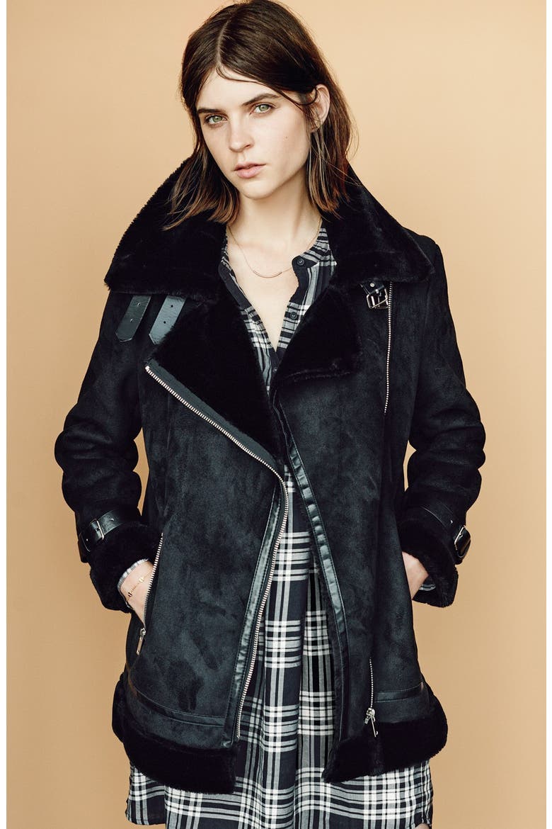 Laundry by Shelli Segal Faux Shearling Moto Jacket, Alternate, color, BLACK