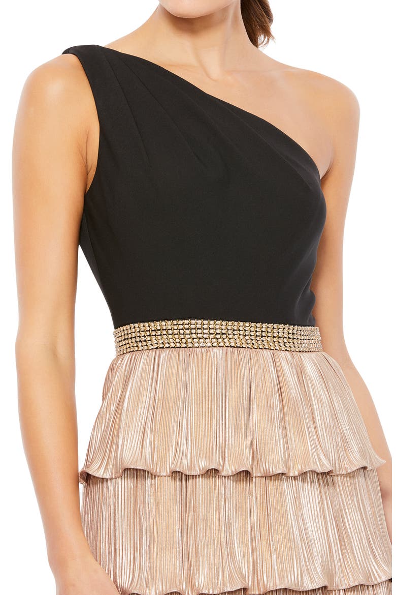 Women's Metallic One Shoulder Ruffle Tiered A Line Gown, Alternate, color, BLACK GOLD
