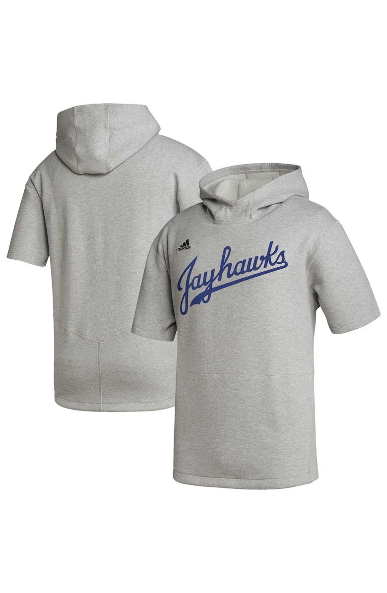 adidas Men's adidas Heather Gray Kansas Jayhawks Modern Classics Baseball Icon Tri-Blend Short Sleeve Pullover Hoodie, Main, color, 