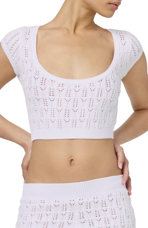 Pointelle Cotton Blend Crop Sweater