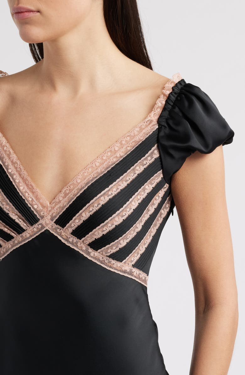 LoveShackFancy Brinkley Lace Trim Satin Dress, Alternate, color, 