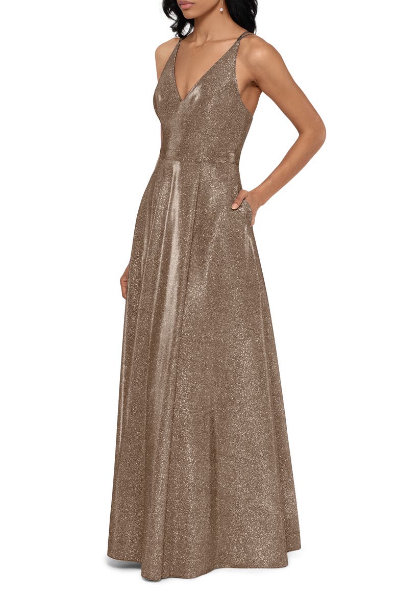 Xscape Glitter Slit A-Line Gown, Alternate, color, BLACK/ GOLD