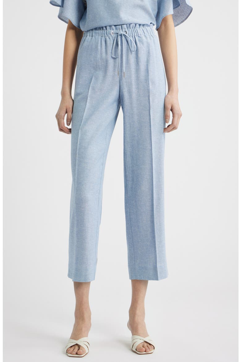 Ankle Straight Leg Linen Blend Drawstring Pants, Main, color, LAGOON/ CRISP WHITE