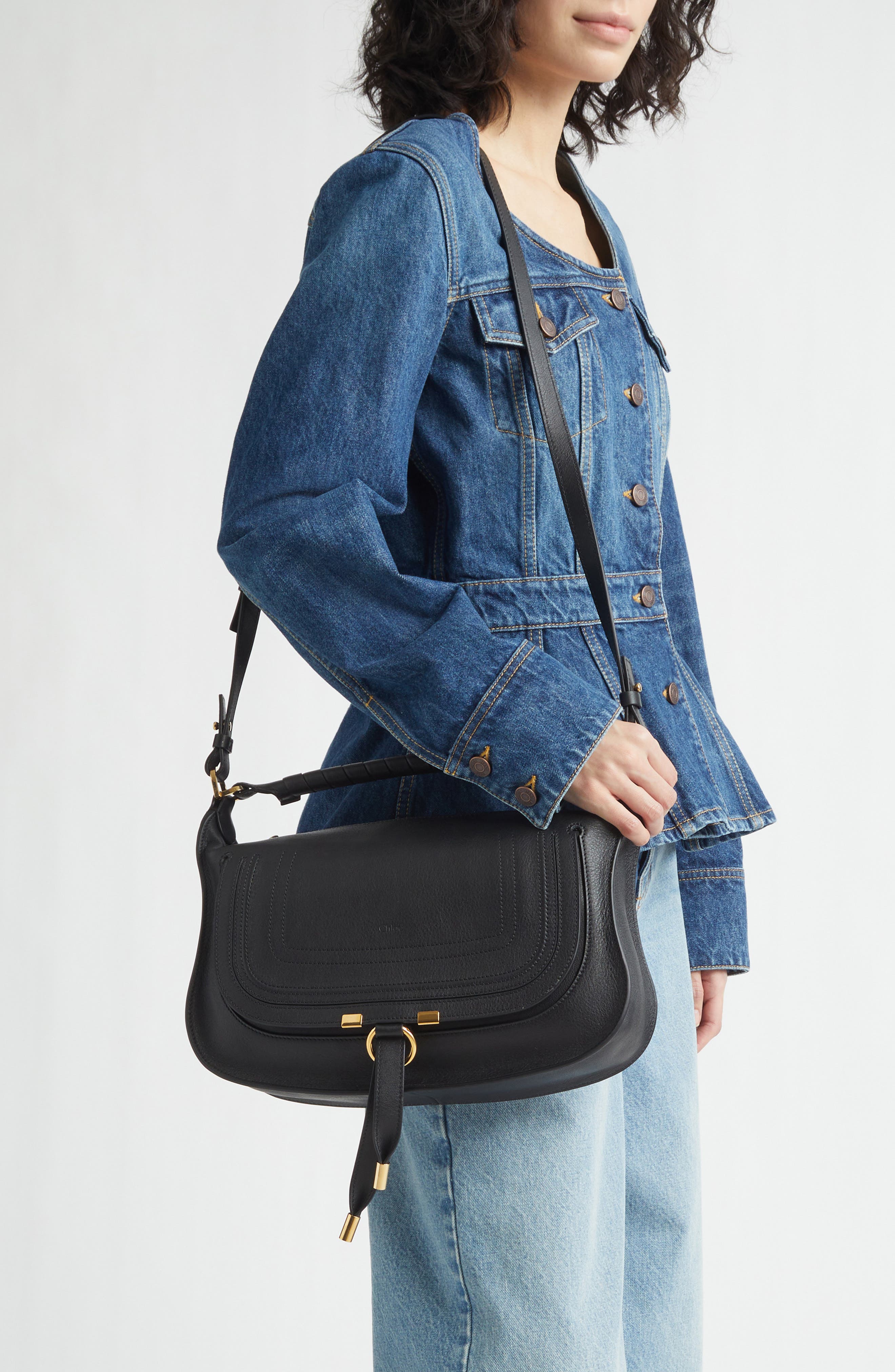 Chloé Small Marcie Leather Shoulder Bag, Alternate, color, Black