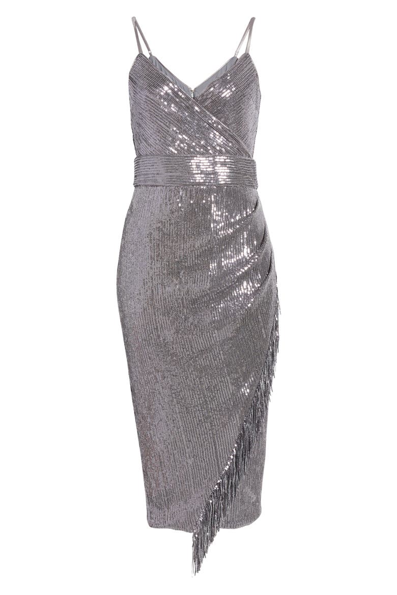 Azariah Sequin Fringe Faux Wrap Dress, Alternate, color, METALLIC SILVER