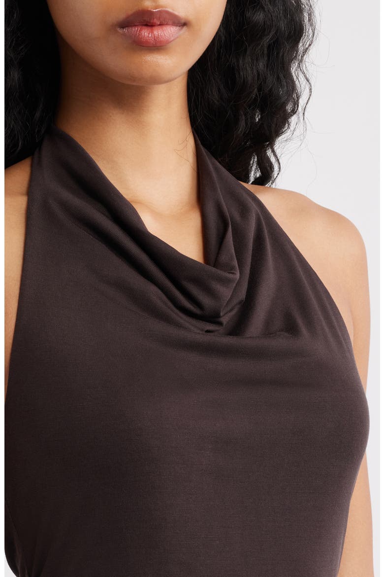 Osana Ruched Drop Waist Halter Midi Dress, Alternate, color, BROWN