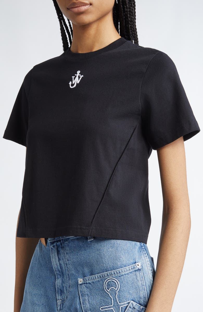 JW Anderson Panelled Anchor Embroidered Crop T-Shirt, Alternate, color, Black
