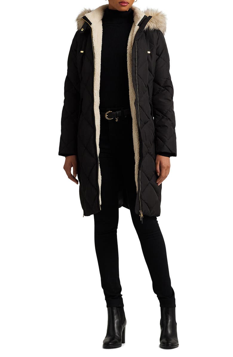 Lauren Ralph Lauren Down & Feather Fill Coat with Faux Fur Trim Detachable Hood, Main, color, 