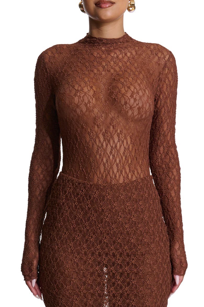 Mock Neck Long Sleeve Lace Bodysuit, Main, color, BROWN SUGAR