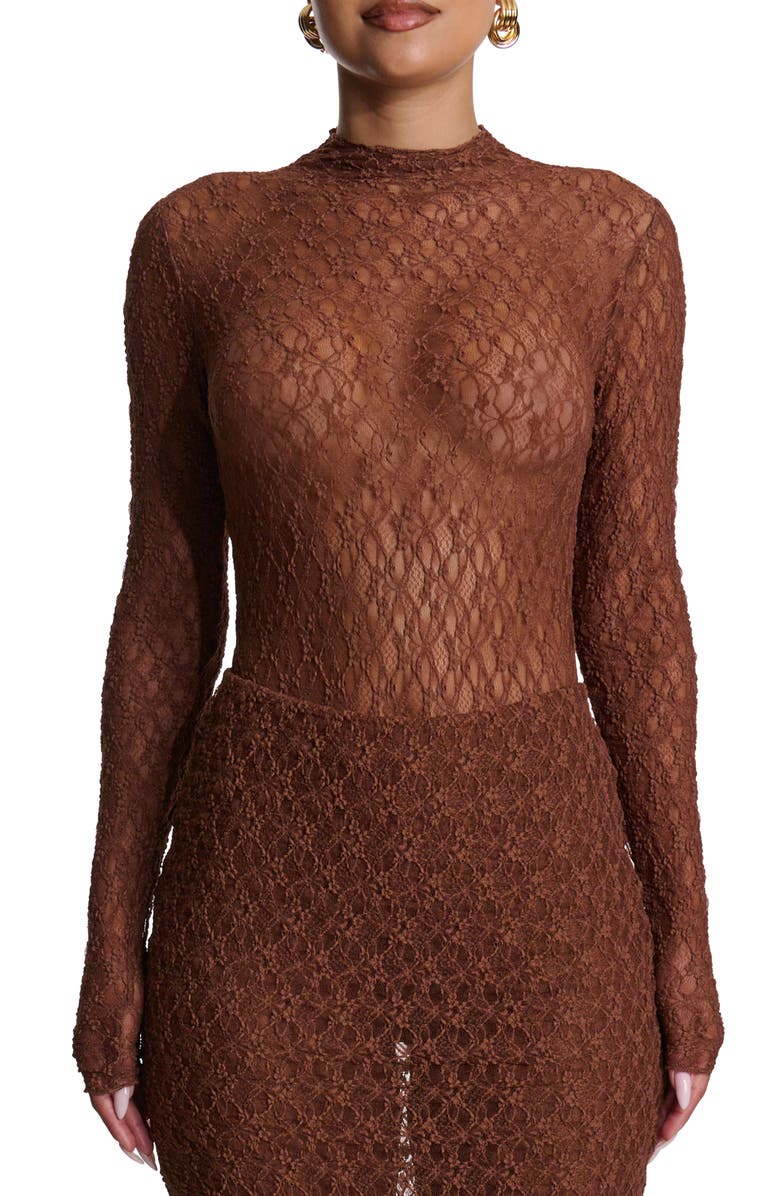 Naked Wardrobe Mock Neck Long Sleeve Lace Bodysuit, Main, color, Brown Sugar