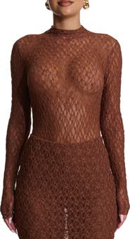 Naked Wardrobe Mock Neck Long Sleeve Lace Bodysuit