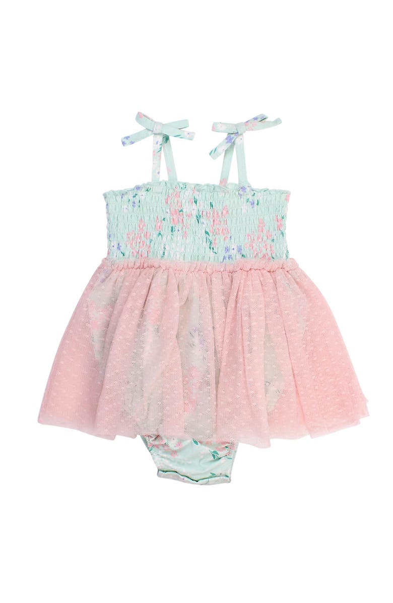 RuffleButts Baby Girls Tie Smocked Tulle Skirted Romper, Main, color,