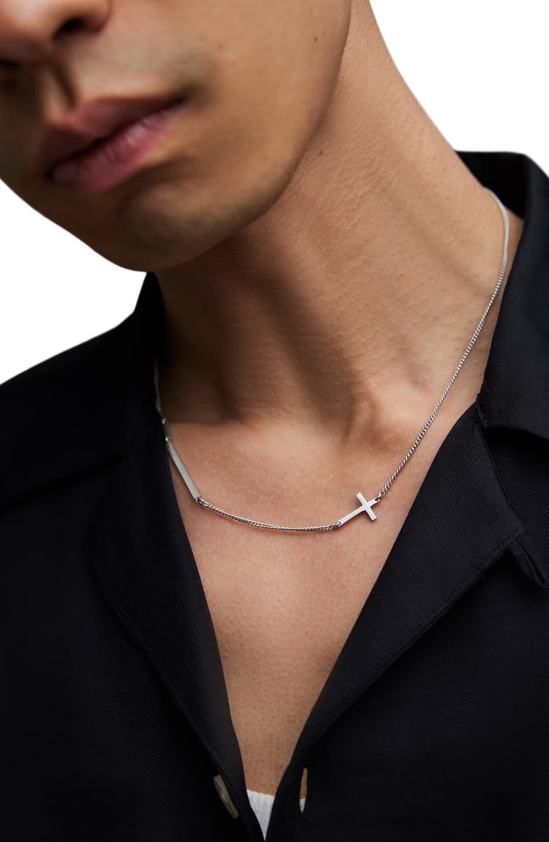 AllSaints Men's Cross Station Necklace, Alternate, color, Warm Silver