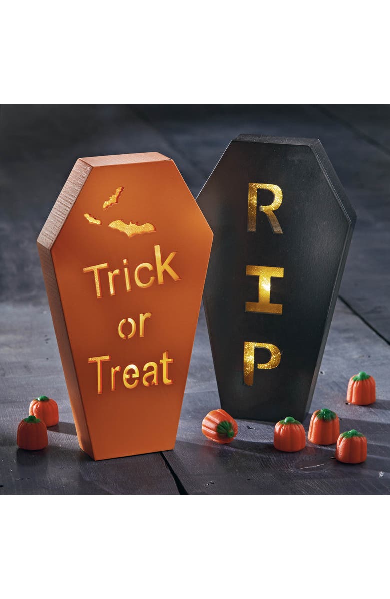 tag Trick or Treat Coffin LED Decor - Halloween Indoor Sculpture, Alternate, color, Orange