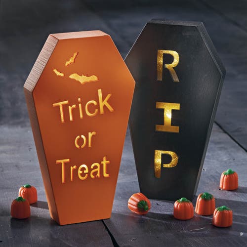 Tag Rip Coffin Led Black Wood Decor Halloween Indoor Sculpture In Black