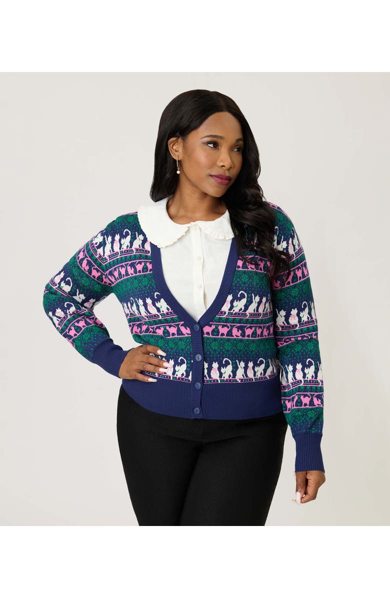 Unique Vintage Plus Size Cropped Knit Cardigan, Alternate, color, Navy Cat Print