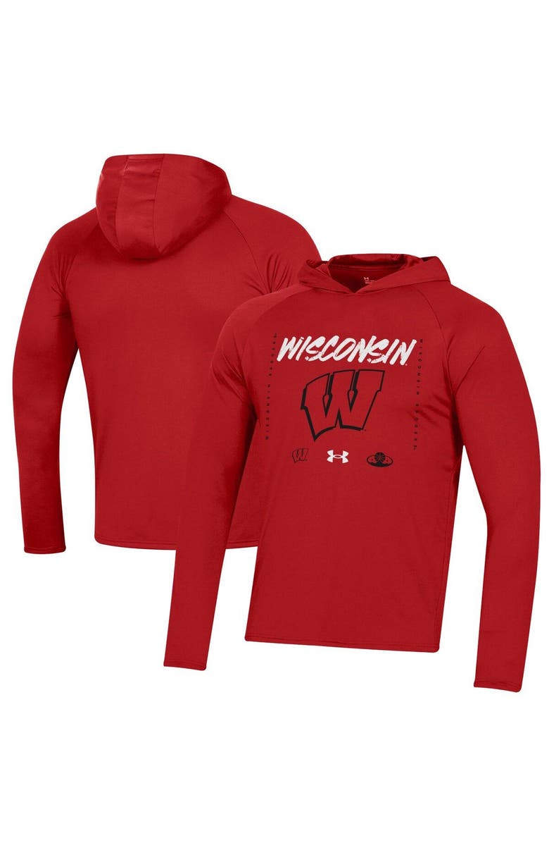 Under Armour Red Wisconsin Badgers 2023 On Court Bench Shooting Long Sleeve Hoodie T-Shirt, Alternate, color, 