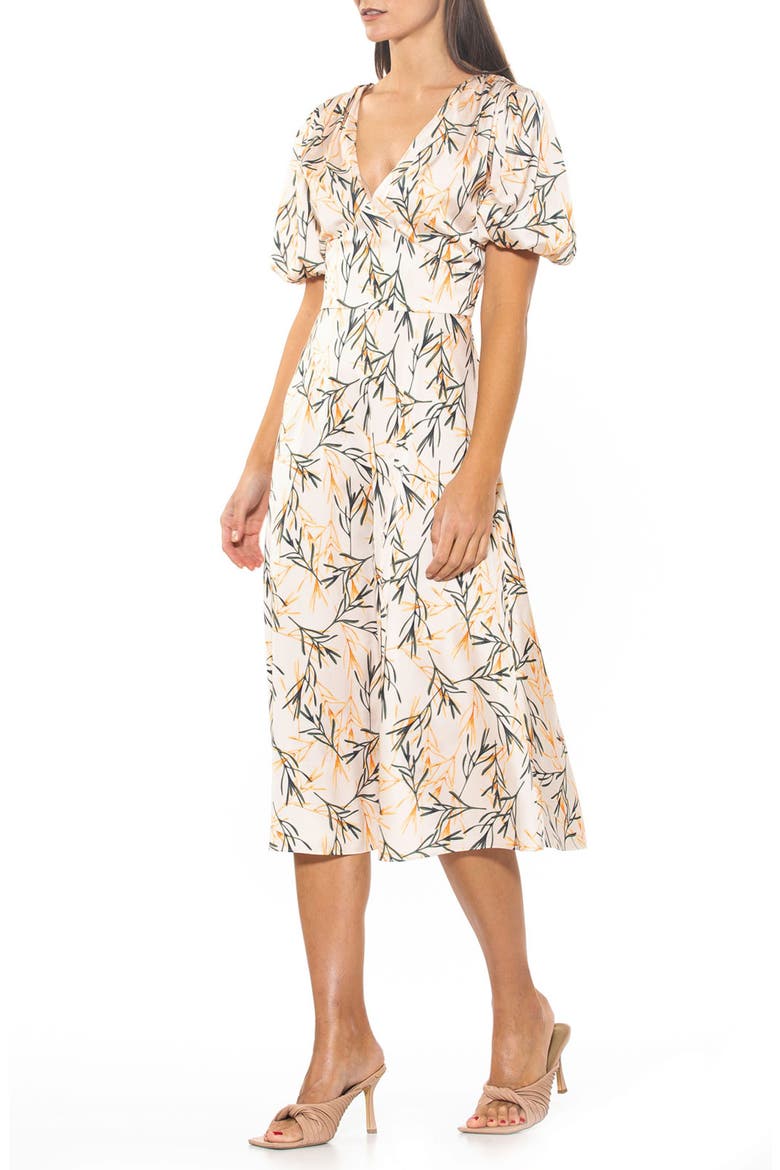 V-Neck Puff Sleeve Midi Dress, Alternate, color, BEIGE WILDFL