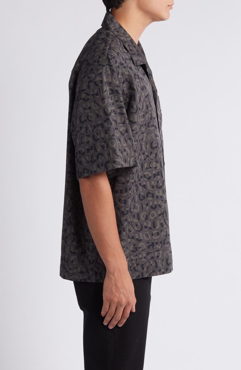 HUGO Egeeno Oversize Camo Logo Camp Shirt, Alternate, color, Black