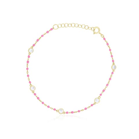 Pink Enamel Bead CZ Chain Bracelet