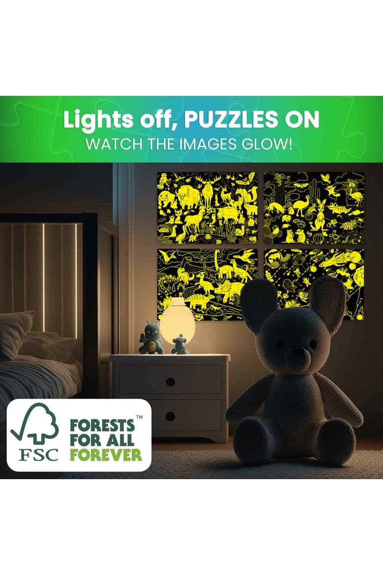 4x100 Piece Glow-in-The-Dark Kids Jigsaw Puzzles, Alternate, color, Dinos & Forest