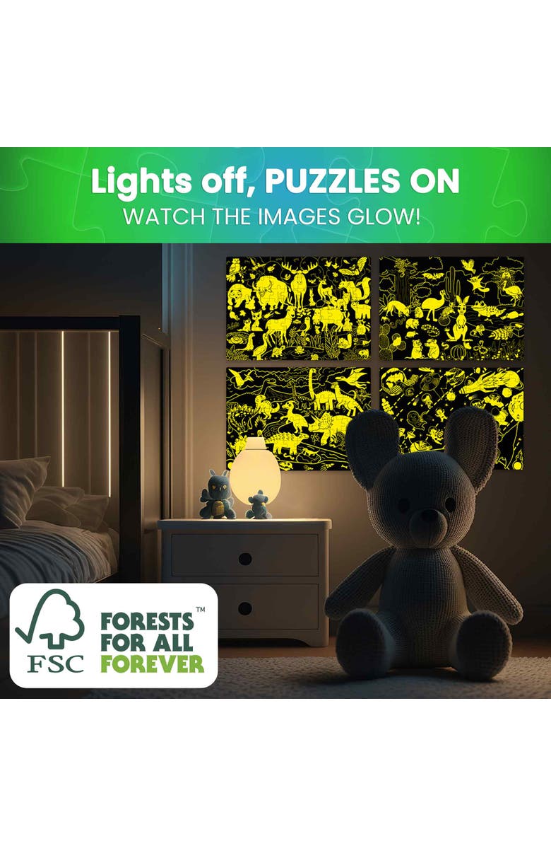 Quokka 4x100 Piece Glow-in-The-Dark Puzzles for Kids, Alternate, color, Dinos & Forest