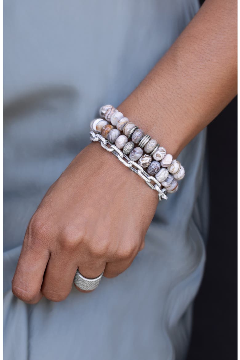 Cream Agate 10MM Bead Bracelet With Diamond Donut, Alternate, color, Sterling Silver / Cream Agate
