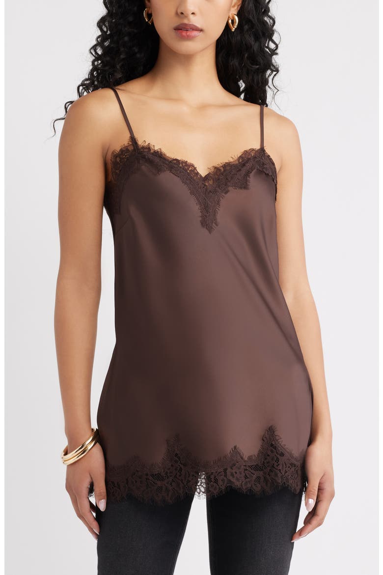 Lace Trim Satin Camisole, Main, color, BROWN SEAL