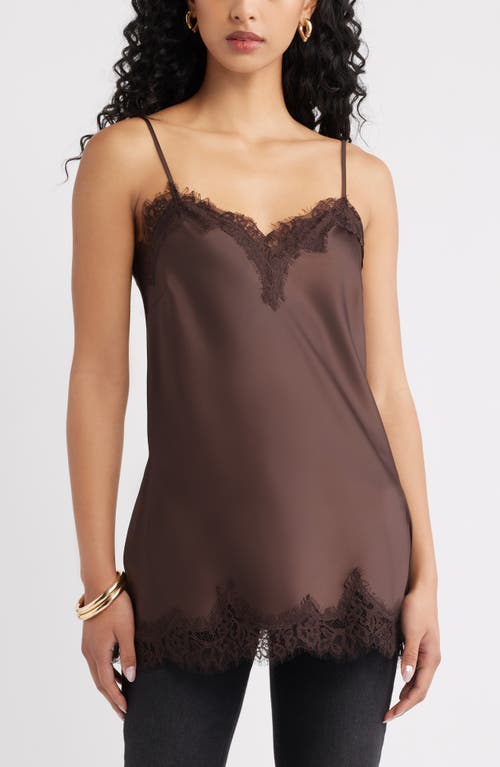 Open Edit Lace Trim Satin Camisole in Brown Seal at Nordstrom, Size Xx-Small