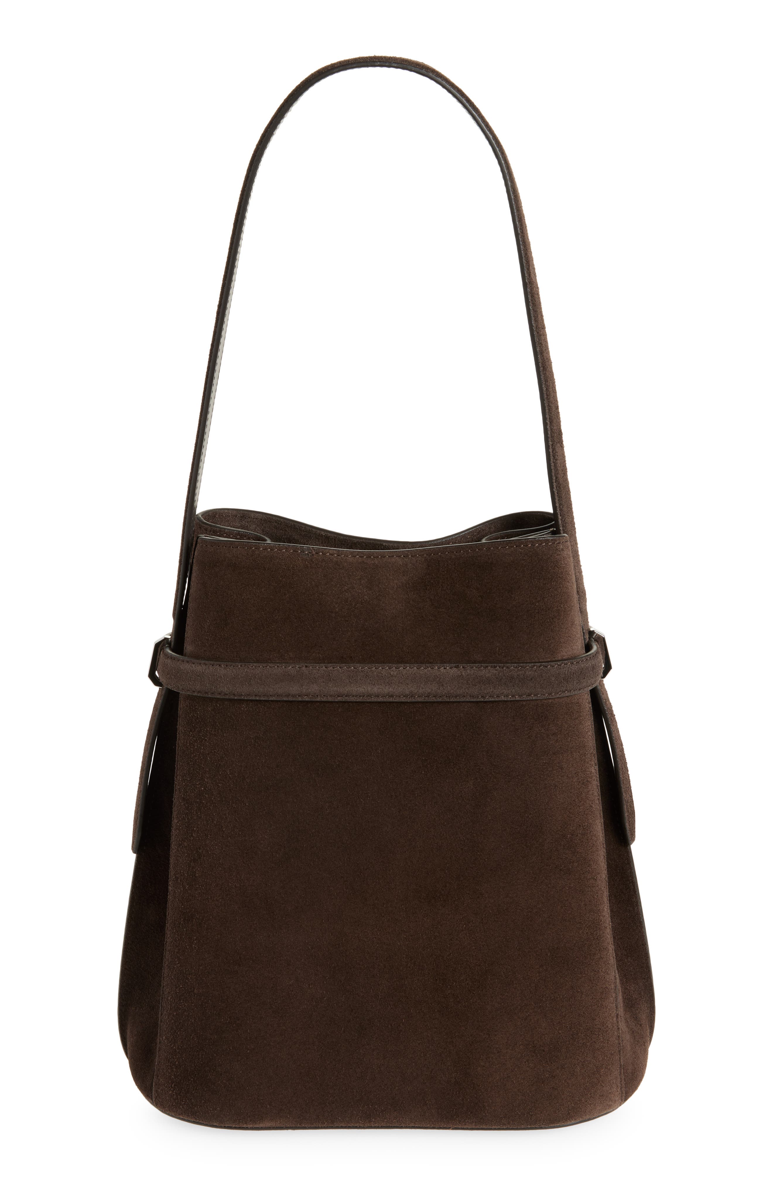 Belted Suede Bucket Bag, Alternate, color, BROWN