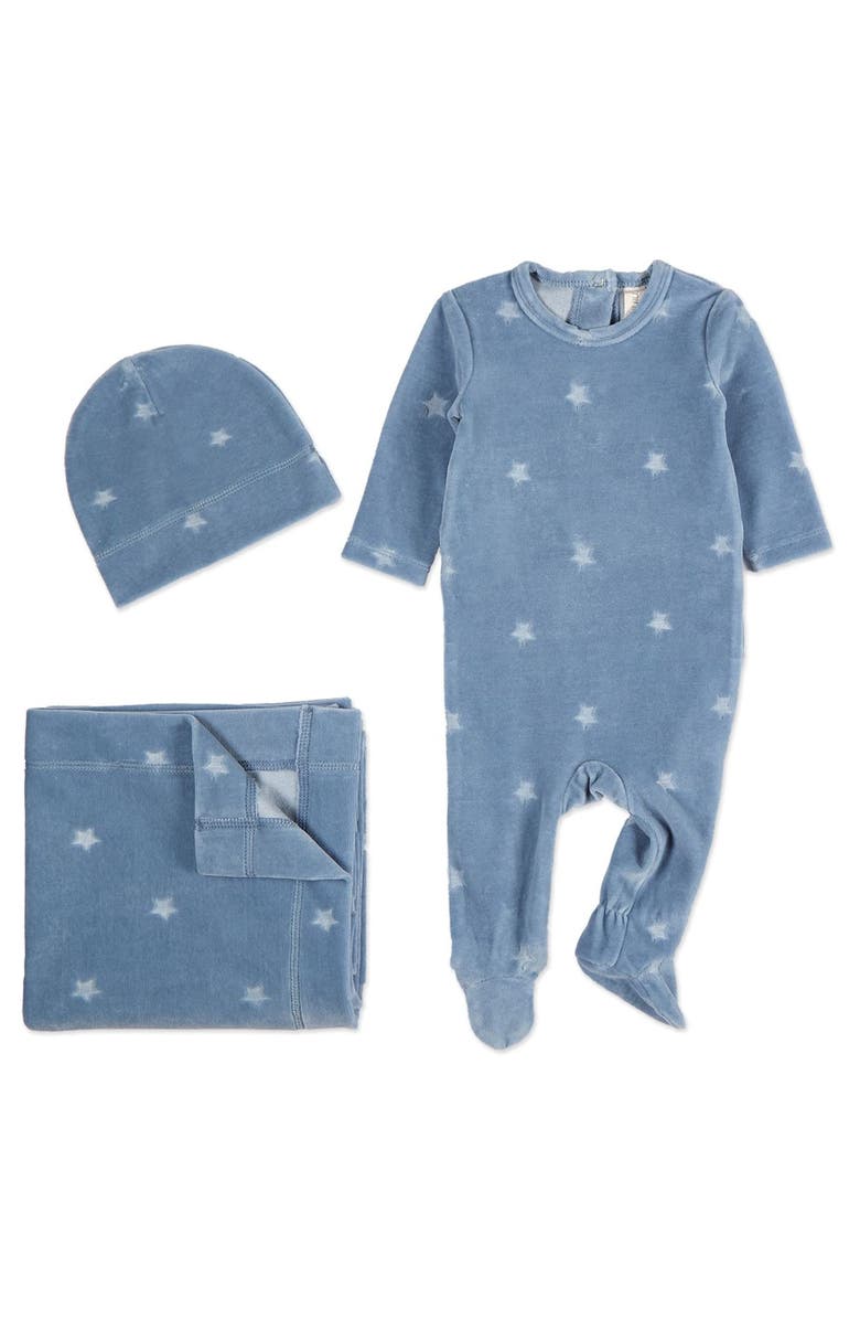 MiniMoi Velvet Star Cotton Rich Velour Footie Set, Main, color, Blue