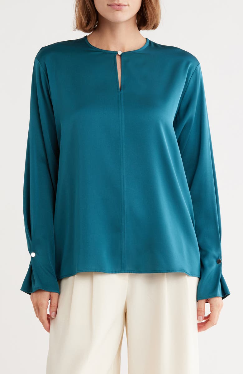 BOSS Binale Keyhole Stretch Silk Top, Main, color, Open Green