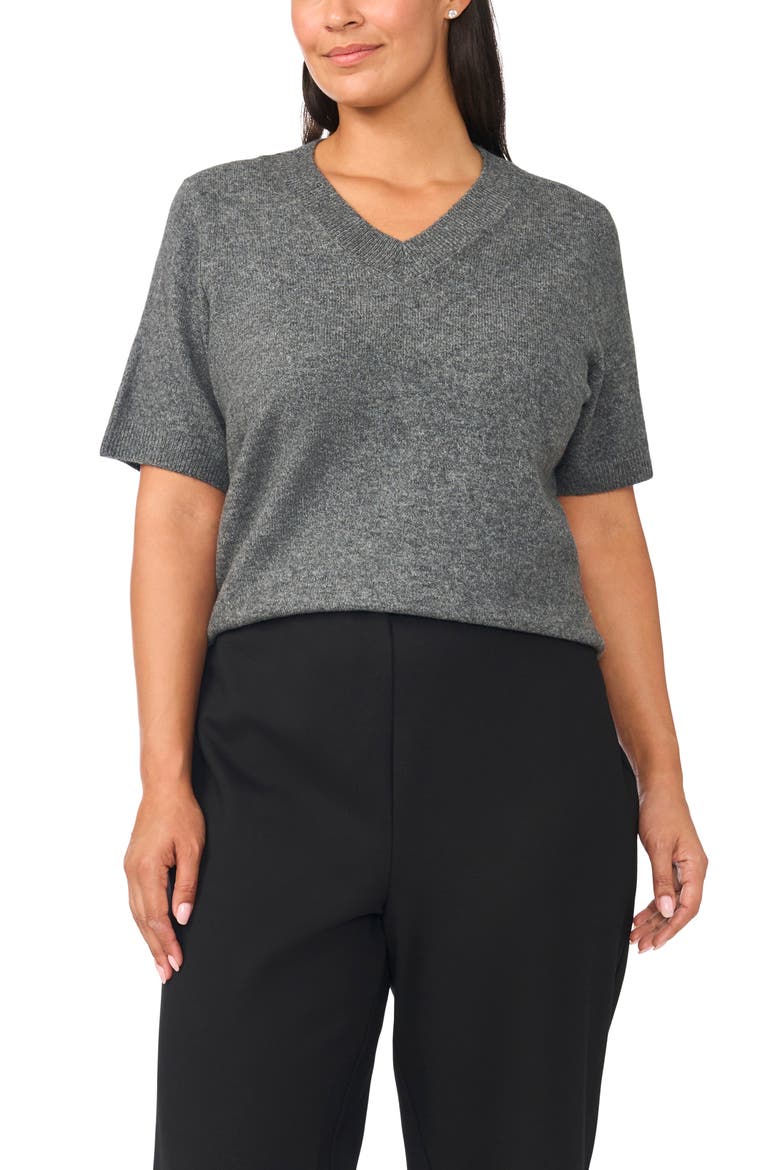 V-Neck Short Sleeve Sweater, Main, color, MEDIUM HEATHER GREY