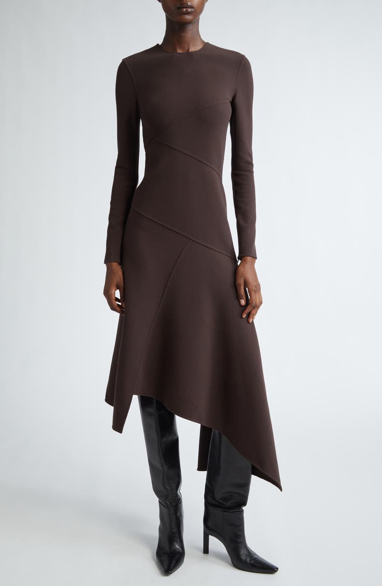 Michael Kors Collection Fitted Long Sleeve Asymmetric Wool Knit Midi Dress, Main, color,