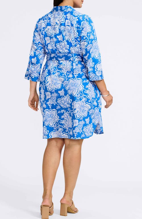 Foxcroft Rocca Floral Print Belted Shirtdress In Cobalt Blue/white